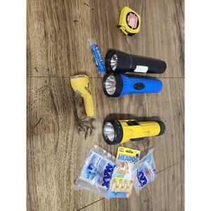 Lot Of Vintage Flashlights Ear Plugs Hearing Protection And Tape Measurer